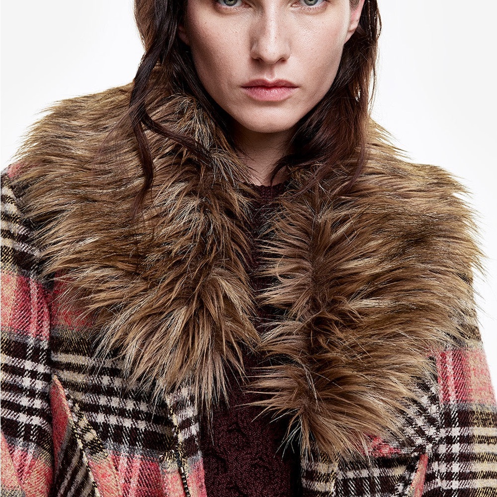 Smythe Plaid Coat with Luxe Brown Faux-Fur Collar